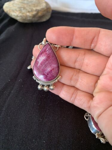 Navajo Purple Spiny Oyster Pendant Necklace Set | Authentic Native American Sterling Silver | Handmade | 4555