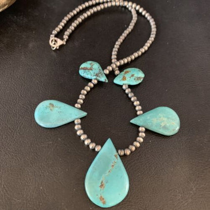 Navajo Teardrop Blue Turquoise Necklace | Sterling Silver Pearls | 20" | Authentic Native American Handmade | 13968
