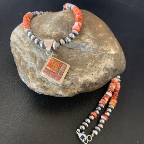 Navajo Red Spiny Oyster Opal Inlay Bead Necklace Pendant | Sterling Silver | Authentic Native American Handmade | 12723