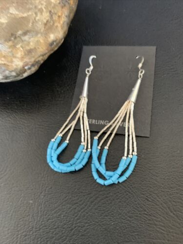 Handmade Liquid Silver Heishi Dangle Earrings | Blue Turquoise | Sterling Silver | 2" | 13049