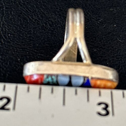 Navajo Sterling Silver Multi-Color Red Spiny Oyster Lapis Inlay Ring Sz 6 | Handmade | 14725
