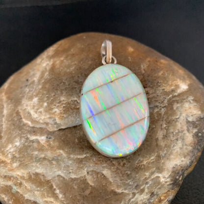 Navajo White Fire Opal Inlay Pendant | Sterling Silver | Authentic Native American Handmade | 13144