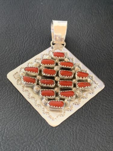 Navajo Red Coral and Multi-Stone Cluster Pendant | Authentic Native American Sterling Silver | 2" | 2101