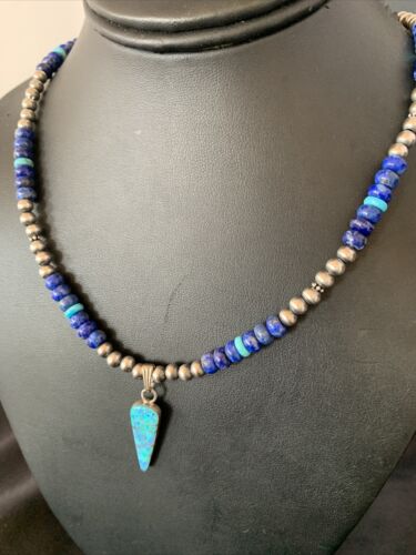 Men's Navajo Pendant | Blue Lapis Turquoise Opal Sterling Necklace 22" | 13385