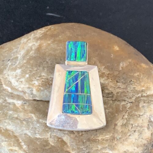 Authentic Native American Navajo Sterling Silver Blue Opal Inlay Pendant | Handmade Jewelry | 13335