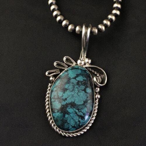Navajo Pearls Sterling Silver Pendant with Blue Spiderweb Turquoise | 2.5" | Authentic Native American Handmade | 10164
