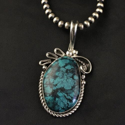 Navajo Pearls Sterling Silver Pendant with Blue Spiderweb Turquoise | 2.5" | Authentic Native American Handmade | 10164