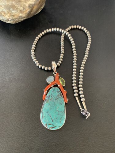 Navajo Pearl Spiderweb Turquoise Coral Pendant Necklace | Authentic Native American Sterling Silver | Multi-Stone | 11812