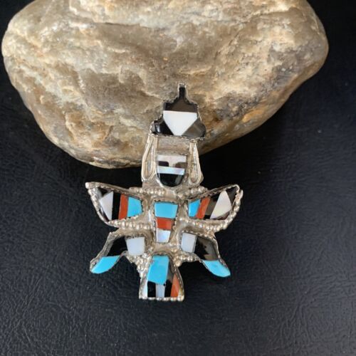 Authentic Native American Zuni Kachina Pin Pendant Necklace | Sterling Silver with Turquoise, Mother of Pearl & Onyx Inlay | 13687