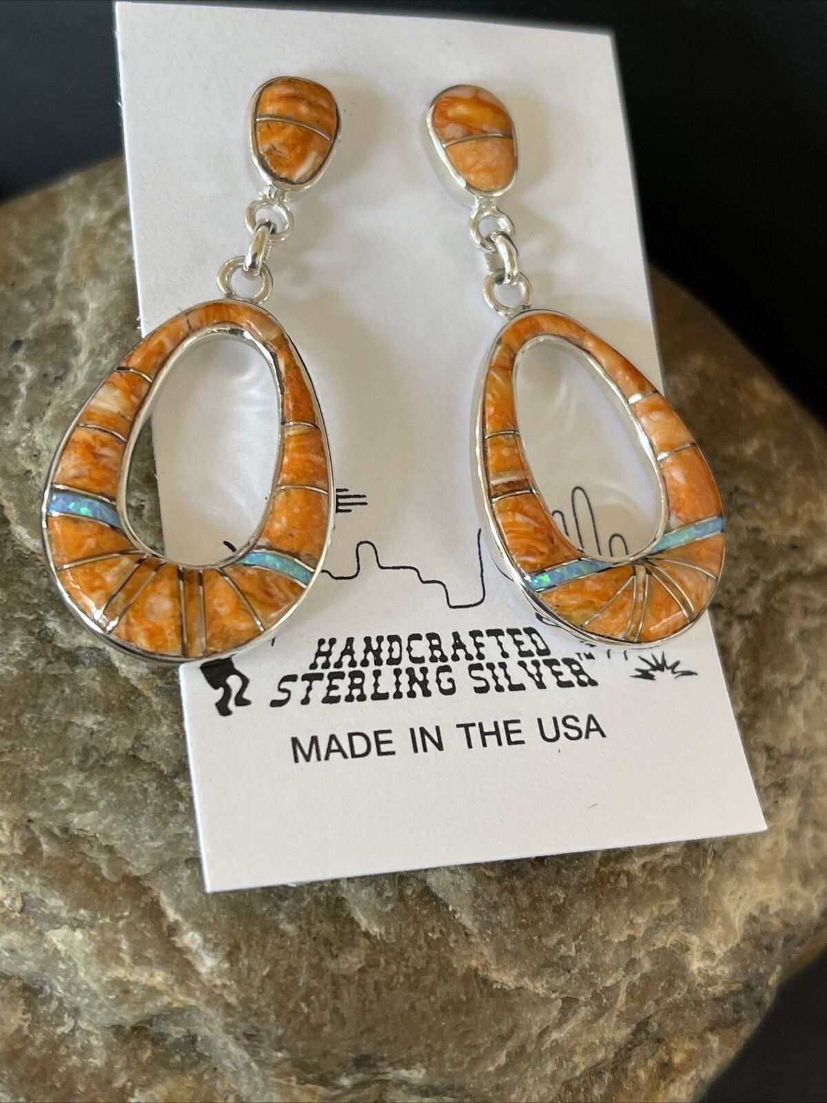 Navajo Sterling Silver Opal Orange Spiny Oyster Inlay Dangle Earrings | Authentic Native American Handmade | 1545 - Masha USA