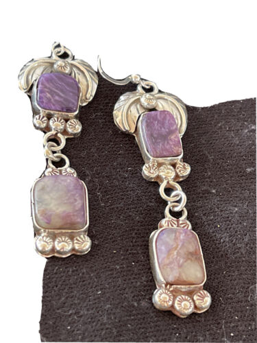 Navajo Purple Charoite Dangle Earrings | Sterling Silver | Authentic Native American Handmade | 01225