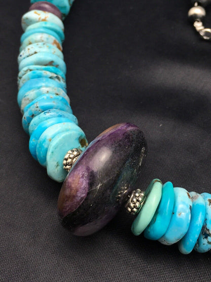 Navajo Sugilite & Turquoise Pendant Necklace | Sterling Silver | Authentic Native American Handmade | 21" | 3086