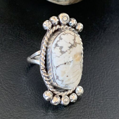 Navajo White Buffalo Turquoise Ring | Sterling Silver | Sz 8.5 | Authentic Native American Handmade | 13348