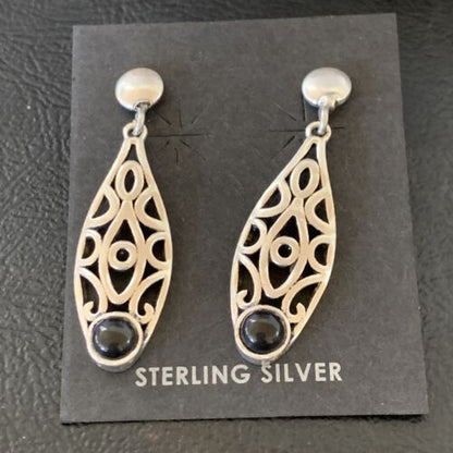Navajo Black Onyx Drop Earrings | Sterling Silver | 1.25" | Authentic Native American Handmade | 12650