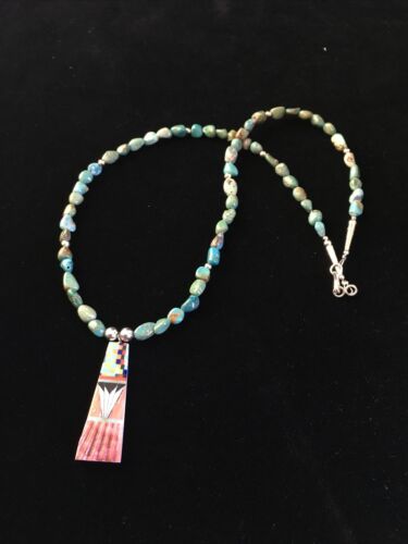 Authentic Native American Navajo Sterling Silver Necklace with Green Turquoise Inlay Pendant | 25" | 1751