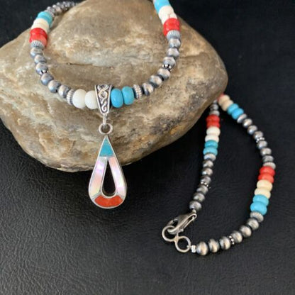 Navajo Pearls Wild Horse Turquoise Necklace Inlay Pendant | Sterling Silver | Authentic Native American Handmade | 13885
