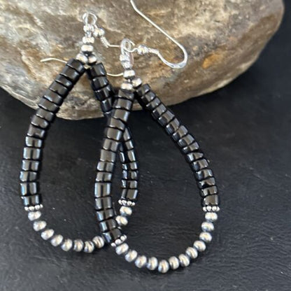 Native American Black Onyx Dangle Earrings | Sterling Silver Heishi Bead | 2" | 14427 - Masha USA