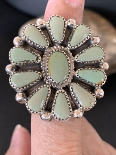 Navajo Green Turquoise Cluster Ring | Authentic Native American Sterling Silver | Multi-Stone | Sz 7.5 | 12190