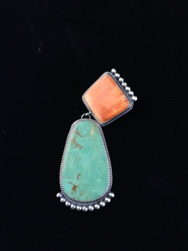 Navajo Blue Turquoise & Spiny Oyster Necklace Pendant | Sterling Silver | Native American Handmade | 10065