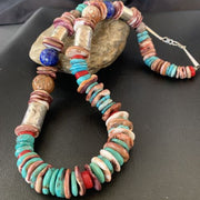 Navajo Turquoise Spiny Oyster Coral Lapis Necklace | Sterling Silver | 24" | Authentic Native American Handmade | 11870