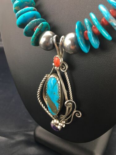 Navajo Kingman Turquoise & Spiny Oyster Multi-Stone Pendant Necklace | Authentic Native American Sterling Silver | 2637