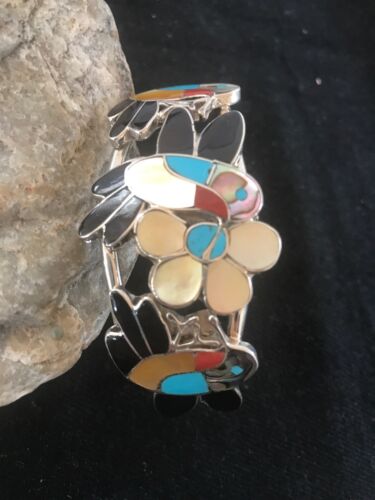 Zuni Sterling Inlay Hummingbird Bracelet | Multi Stone Turquoise | Old Pawn  | 7.5" | 8299