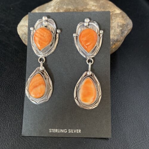 Navajo Orange Spiny Oyster Dangle Earrings | Sterling Silver | Authentic Native American Handmade | 13817