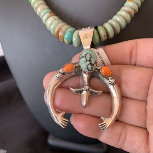 Navajo Pearl Necklace with Sterling Silver Green Turquoise & Spiny Oyster Naja Pendant | 11700