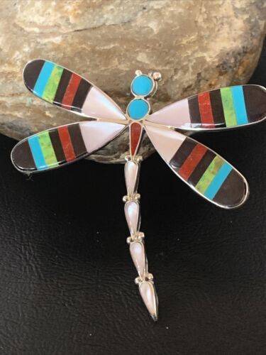 Zuni Coral Turquoise Inlay Dragonfly Necklace Pin Pendant | Sterling Silver | Native American Handmade | 11891