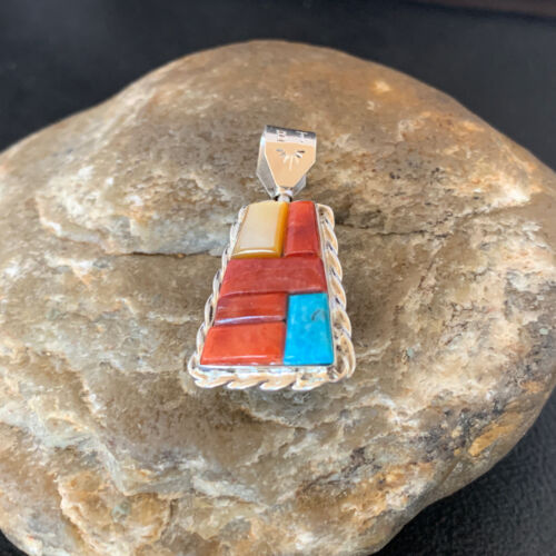 Zuni Yellow Mother of Pearl Turquoise Coral Inlay Sun Face Pendant | Sterling Silver | 2-Sided | 1684