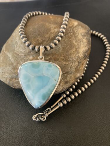 Navajo Blue Larimar Pendant Necklace | Sterling Silver Beads | Authentic Native American Handmade | 1764