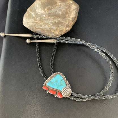 Ultra Rare Men's Bolo Tie | Blue Kingman Turquoise & Coral | Sterling Silver | Navajo | 13669