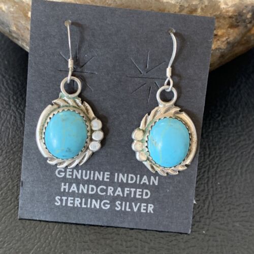 Navajo Blue Turquoise Dangle Drop Earrings | Sterling Silver | 1" | Authentic Native American Handmade | 12746