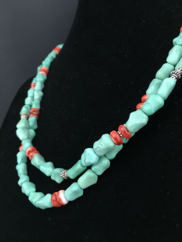 Native American Turquoise Spiny Sterling Silver Nugget Bead Necklace | 22" | 1352