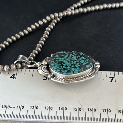 Men's Blue Spiderweb Turquoise Necklace Pendant | Navajo Sterling Silver | Authentic Native American Handmade | 14258