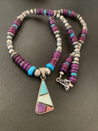 Navajo Purple Sugilite Turquoise Inlay Pendant | Sterling Silver Necklace | Authentic Native American Handmade | 02086