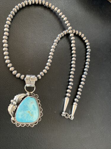 Blue Dry Creek Turquoise Pendant | Navajo Pearl Necklace | Men's Sterling Silver | 12976