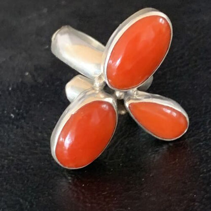 Navajo Red Coral Multi-Stone Ring | Authentic Native American Sterling Silver | Multi-Stone | Sz 7.5 | 14214
