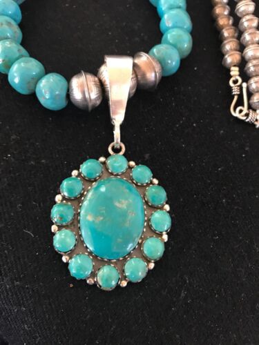 Navajo Pearls Kingman Turquoise Beads Necklace | Sterling Silver Pendant | Native American Handmade | 1223