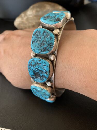 Navajo Sterling Silver Blue Kingman Turquoise Cuff Bracelet | 6 Stone | Authentic Native American Handmade | 12166