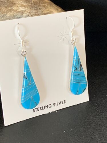 Navajo Sterling Silver Blue Turquoise Inlay Dangle Drop Earrings | 1.5" | Authentic Native American Handmade | 12311