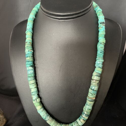 Native American Green Turquoise Heishi Bead Necklace | 12mm | Sterling Silver | Handmade | 22" | 13570