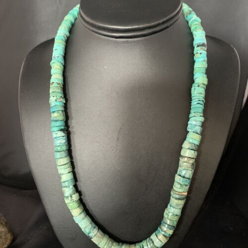 Native Green Turquoise 12mm Heishi Sterling Silver Bead Necklace 13570