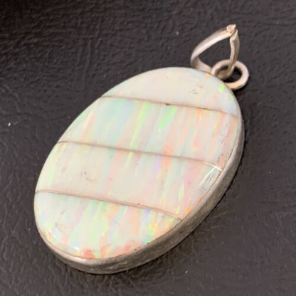Navajo White Fire Opal Inlay Pendant | Sterling Silver | Authentic Native American Handmade | 13144