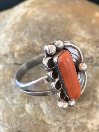 Navajo Red Coral Ring | Sterling Silver | Sz 9.5 | Authentic Native American Handmade | 01300