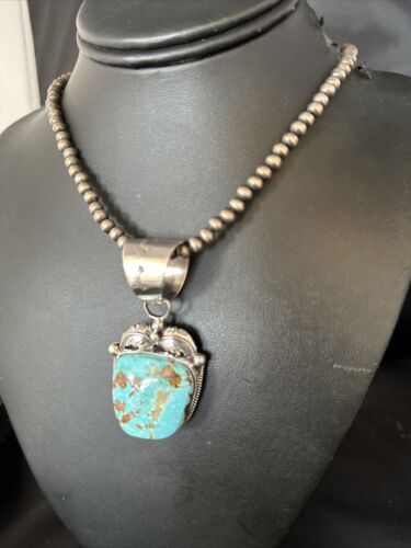 Navajo Pearls Royston Turquoise Necklace Pendant | Sterling Silver | Authentic Native American Handmade | 14802