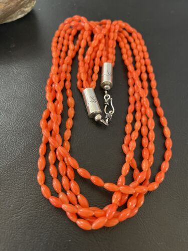 Navajo Orange Coral 5-Strand Necklace | Sterling Silver Barrel Beads | 22" | Authentic Native American Handmade | 10437