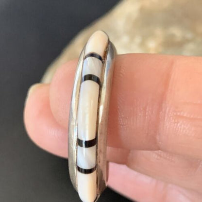 Navajo Pink Mother of Pearl and Onyx Inlay Hoop Earrings | Sterling Silver | Authentic Native American Handmade | 12674