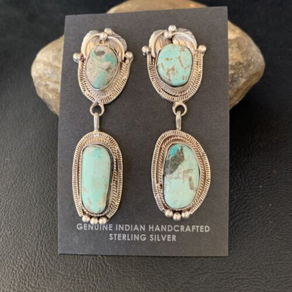 Navajo Blue Dry Creek Turquoise Post Dangle Earrings | Sterling Silver | Authentic Native American Handmade | 13875