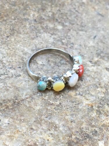 Southwestern Zuni Multi-Stone Ring | Blue Opal Coral Turquoise | Authentic Native American Sterling Silver | Multi-Stone | Sz 5.5 | 9000